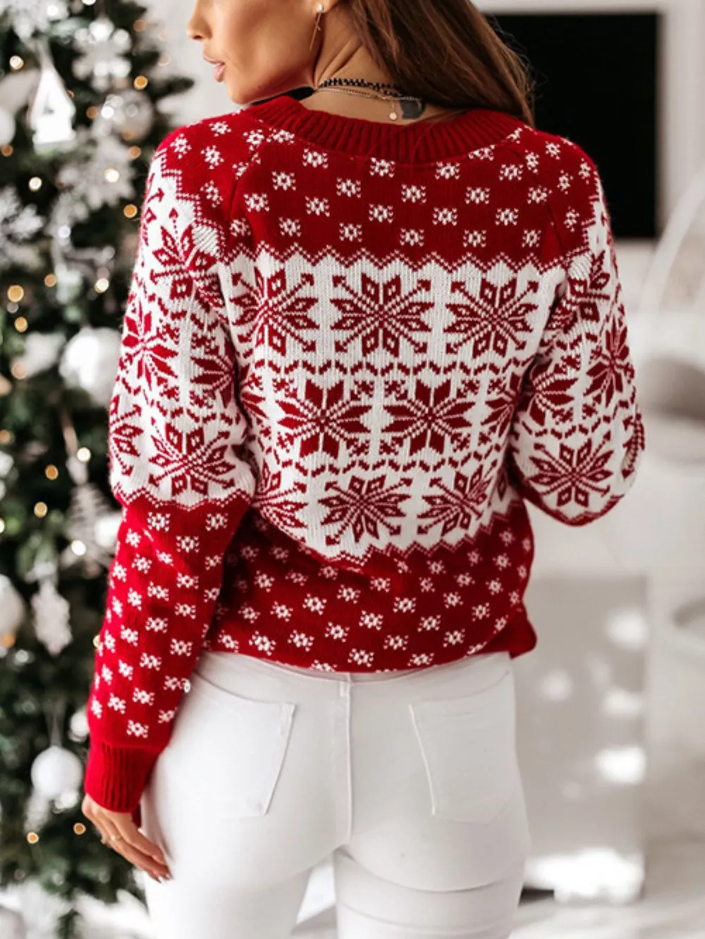 Snowflake Pattern Long Sleeve Sweater, image 7