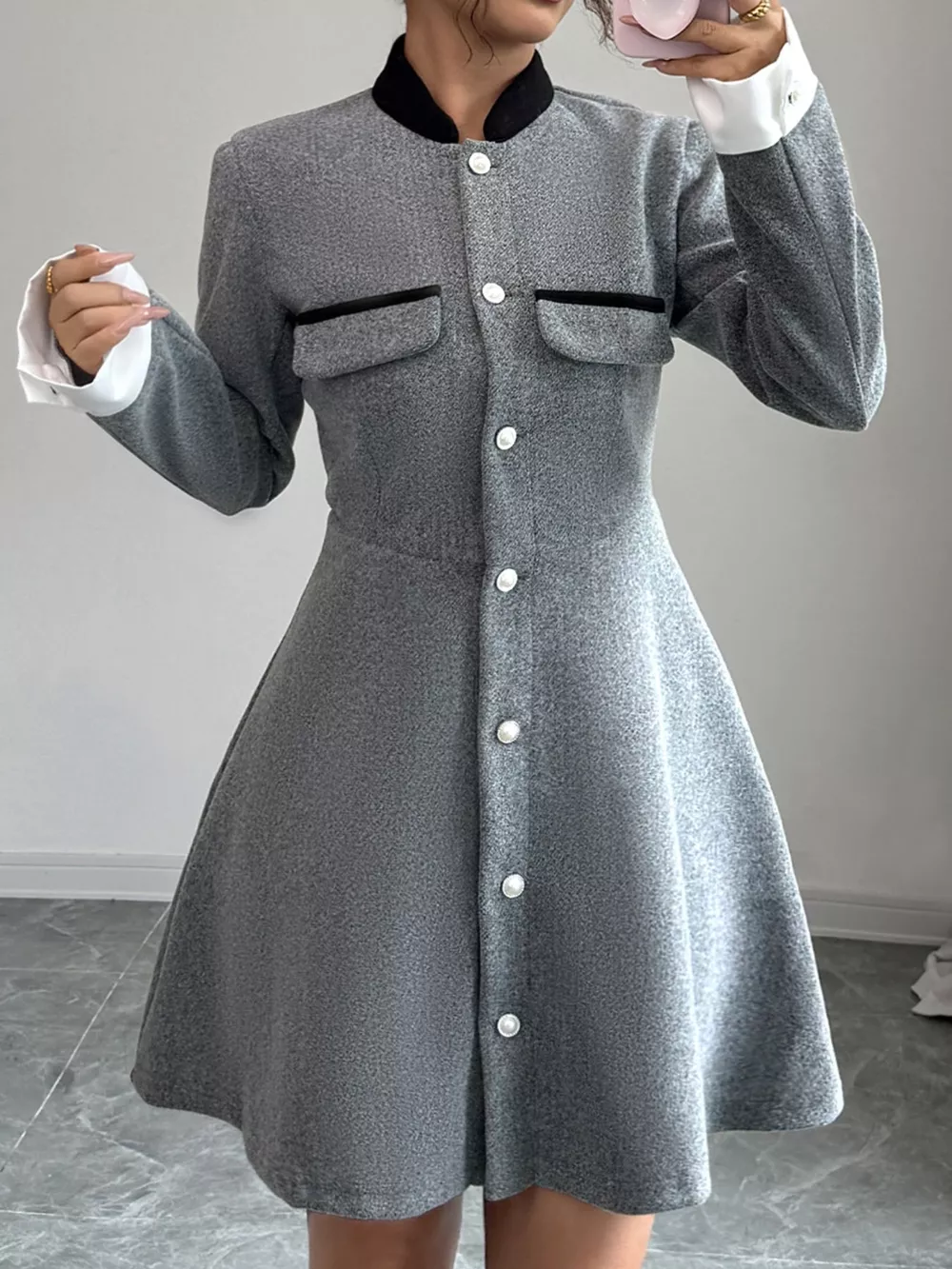 A-Line Long Sleeve Button-Down Dress