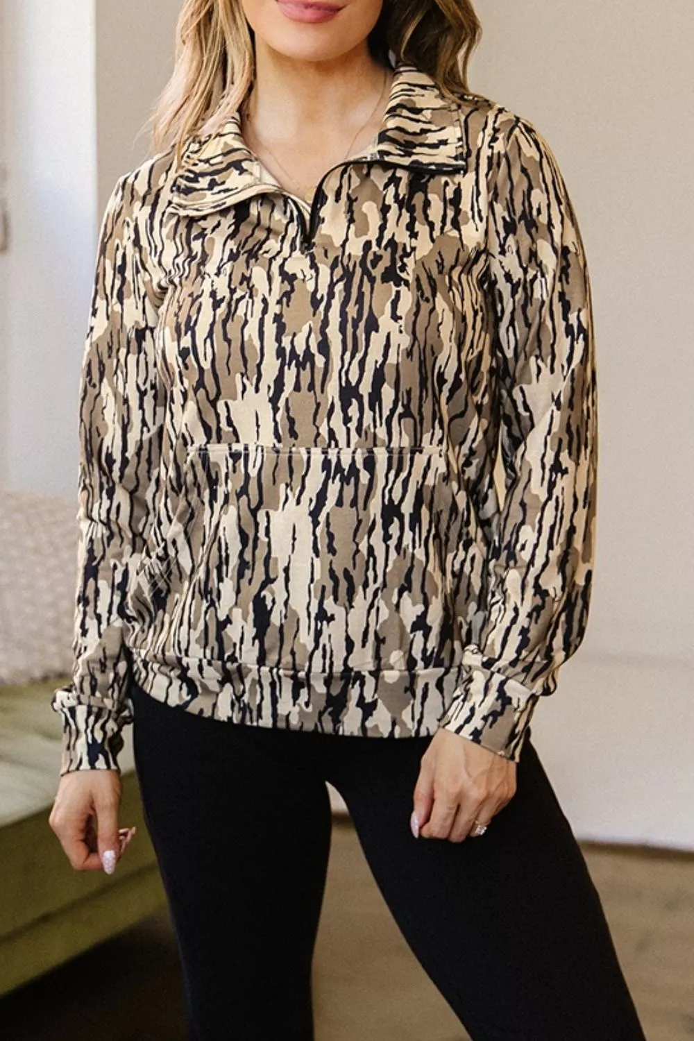 Camouflage Zipper Collar Front Pocket Sweatshirt