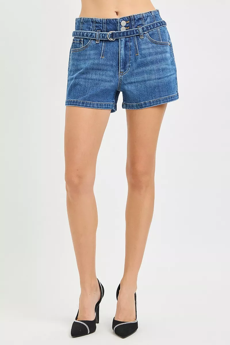 Double Button Slouchy Denim Shorts with Belt, image 2
