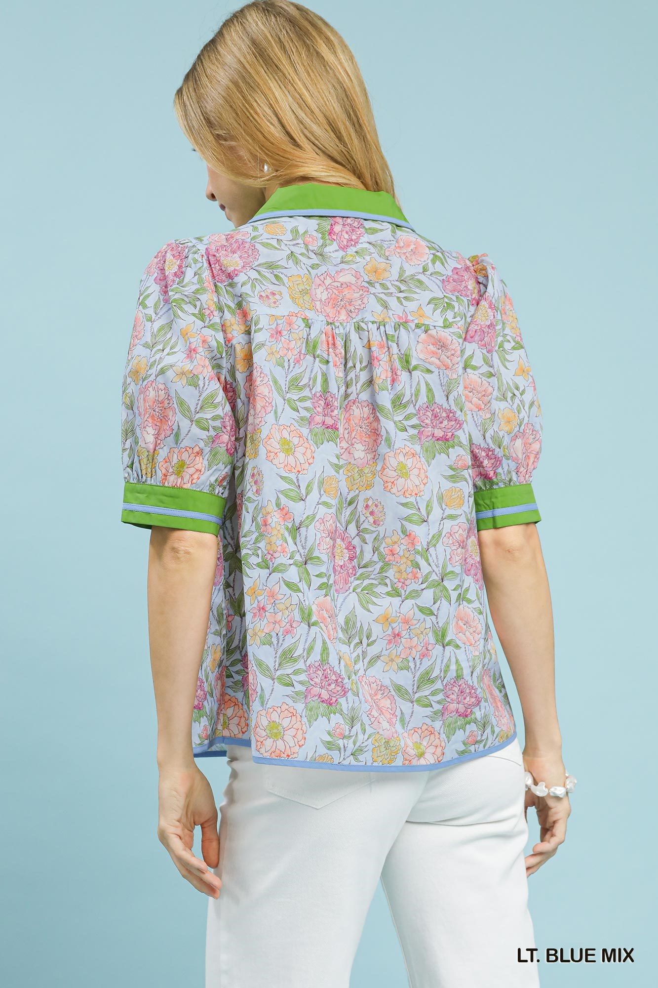 Mix Floral Puff Sleeve Blouse with Contrast Trim, image 2