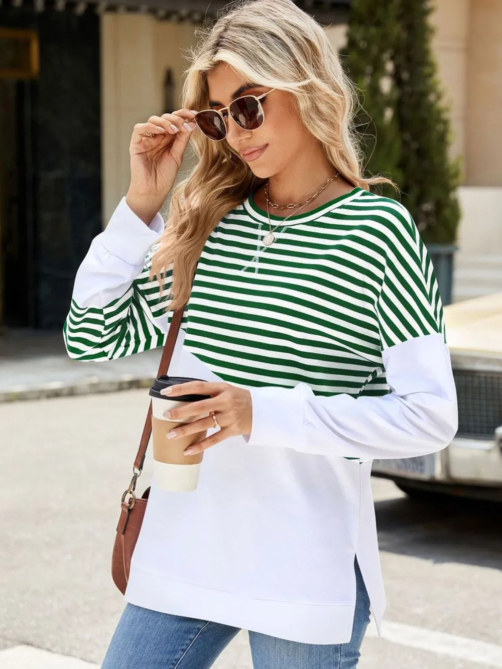 Slit Contrast Striped Long Sleeve Sweatshirt, image 18