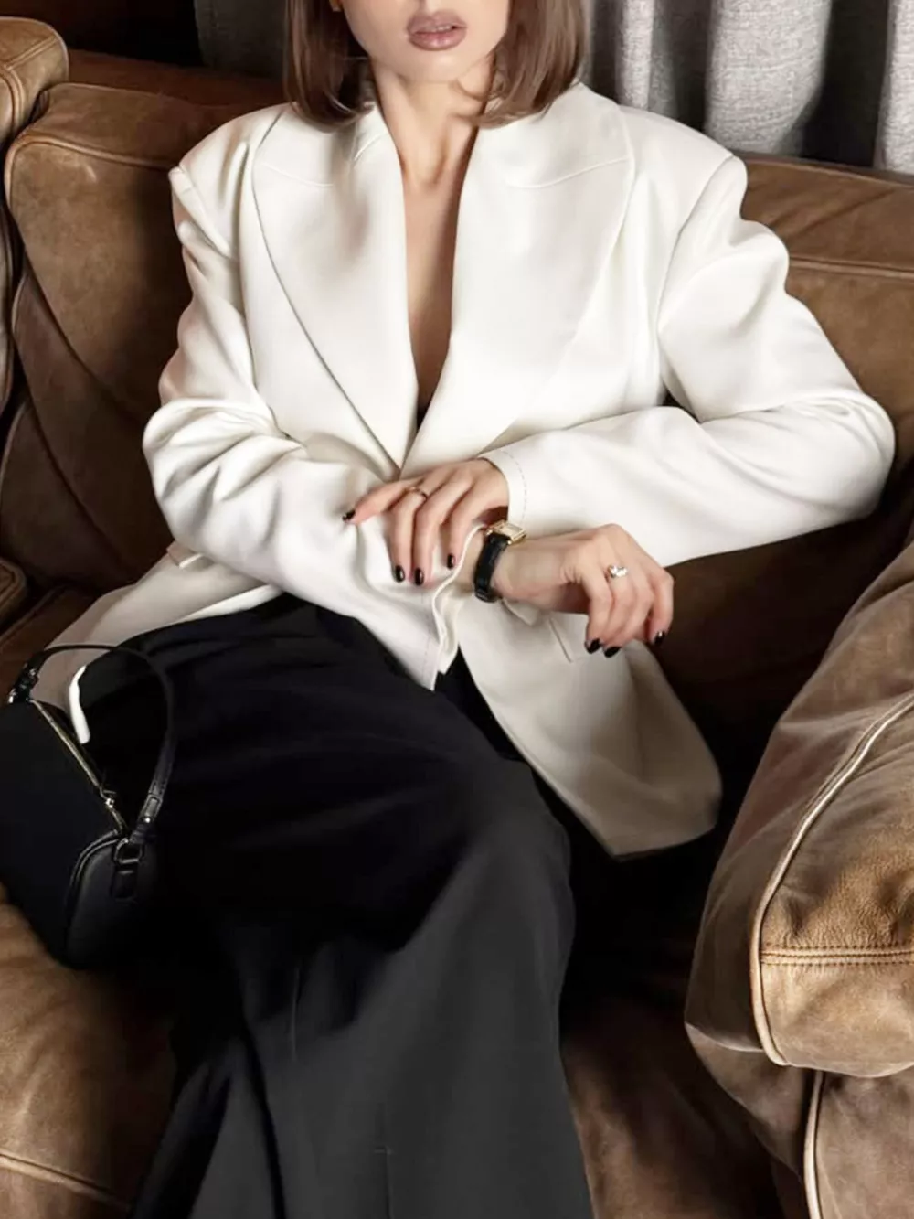 One Button Padded Shoulders Blazer, image 8