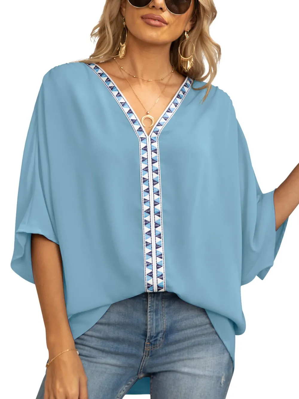 Printed Trim V-Neck Batwing Sleeve Blouse, image 2