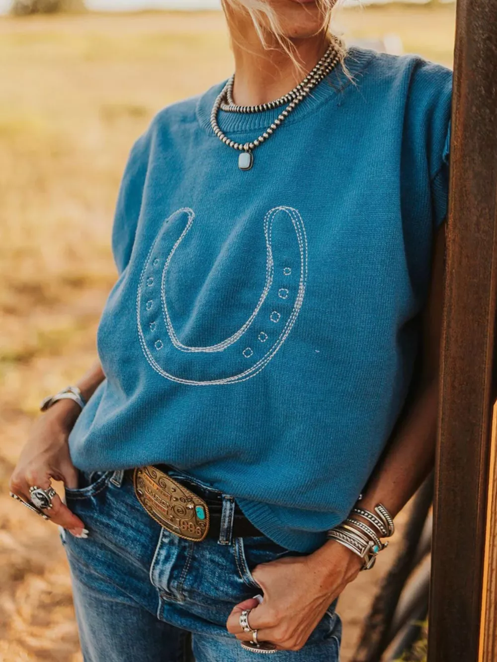Horseshoe Graphic Round Neck Short Sleeve Sweater, image 2