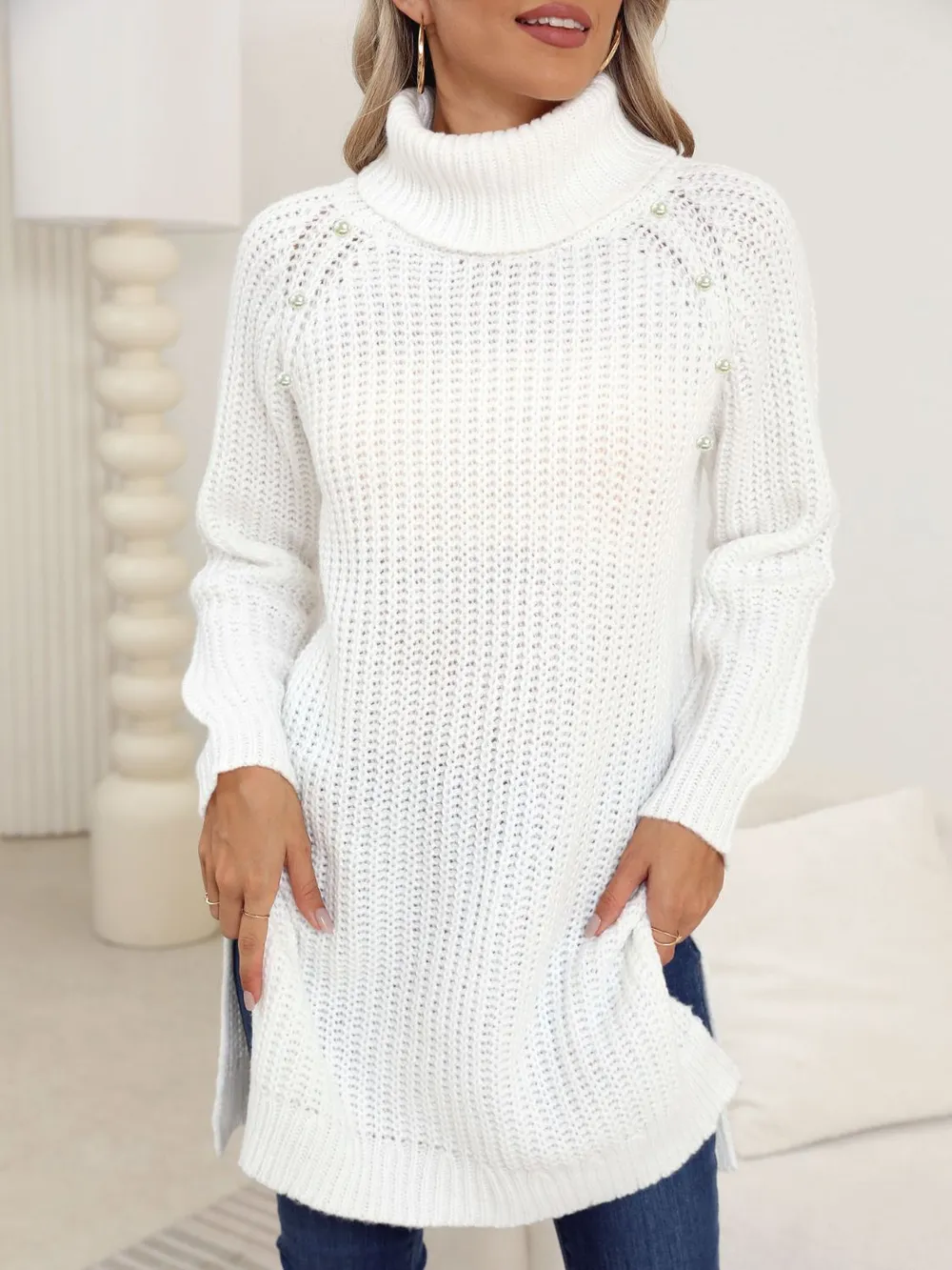 Slit Turtleneck Long Sleeve Sweater, image 2
