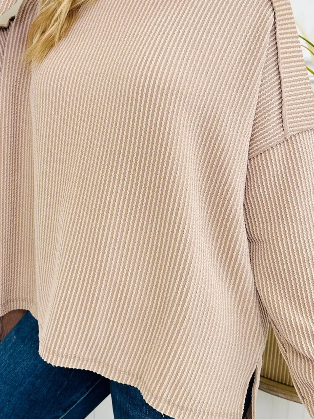 Twist Ribbed Exposed Seam Detail Long Sleeve Loose Top, image 2