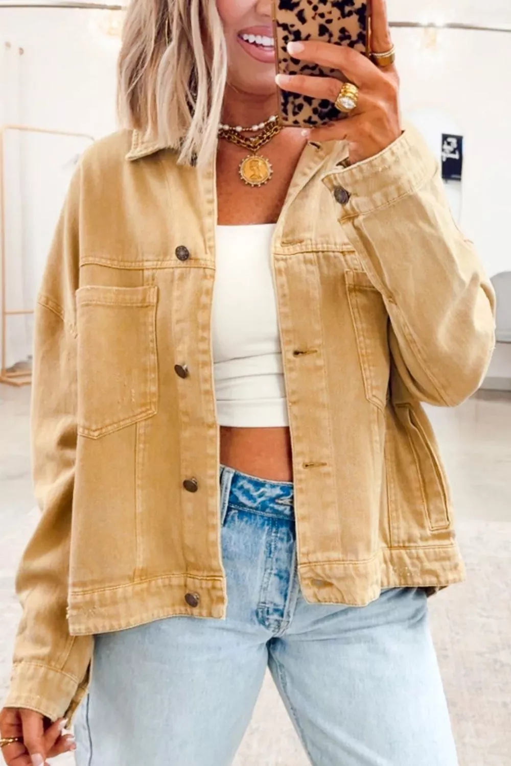 Metal Button Front Long Sleeve Collar Denim Jacket, image 5