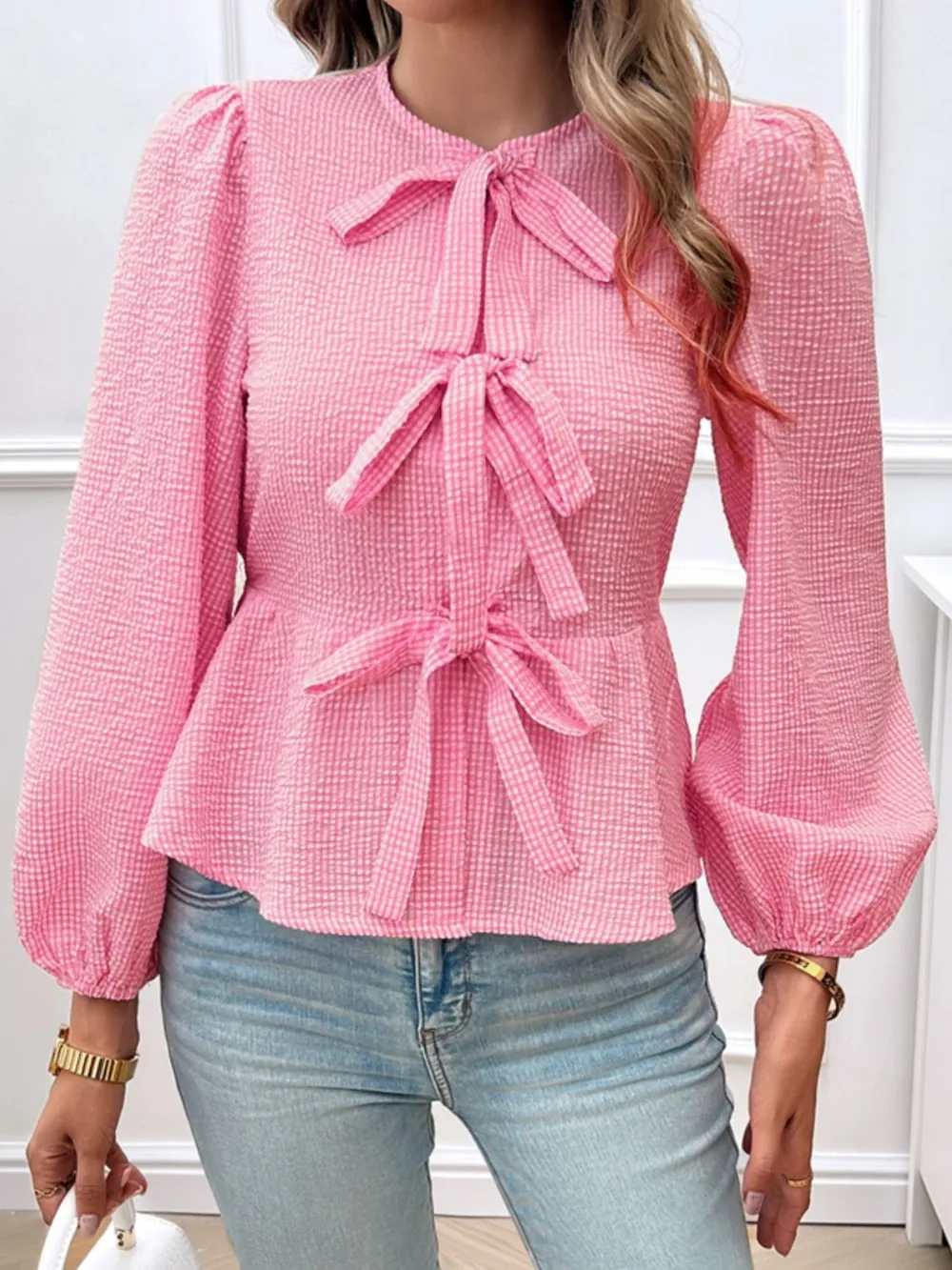 Tied Round Neck Long Sleeve Blouse, image 10