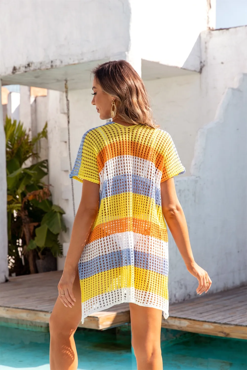 Openwork Striped V-Neck Short Sleeve Cover Up, image 13
