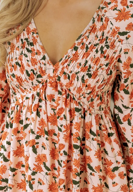 Smocked Printed V-Neck Long Sleeve Dress, image 2