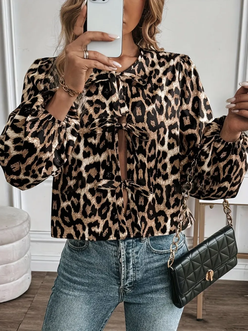 Tied Leopard Round Neck Long Sleeve Top, image 4