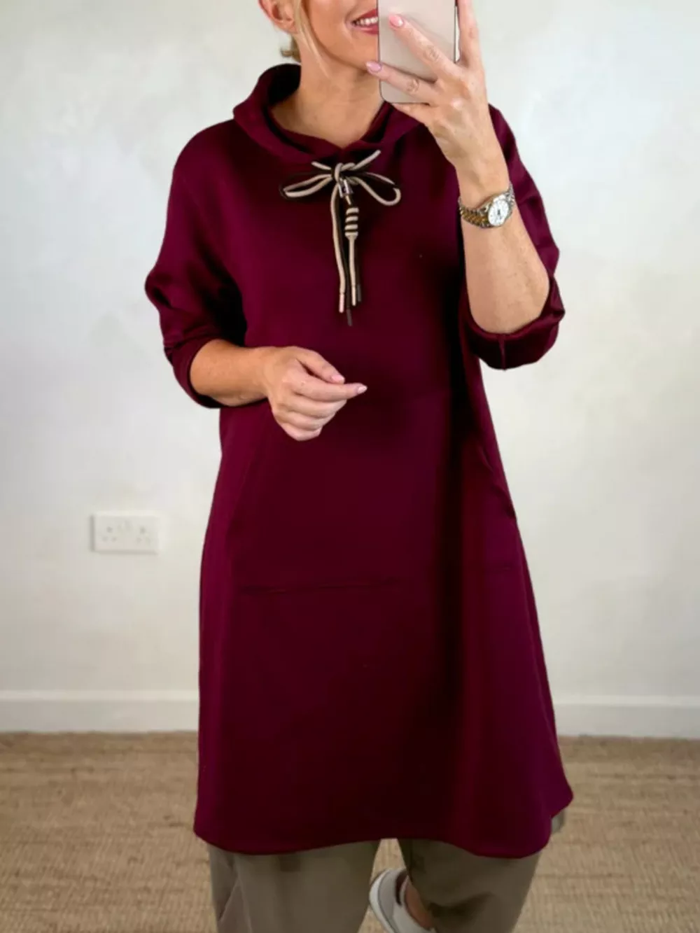 Full Size Casual Drawstring Hooded Sweatshirt Dress Plus Size, image 7
