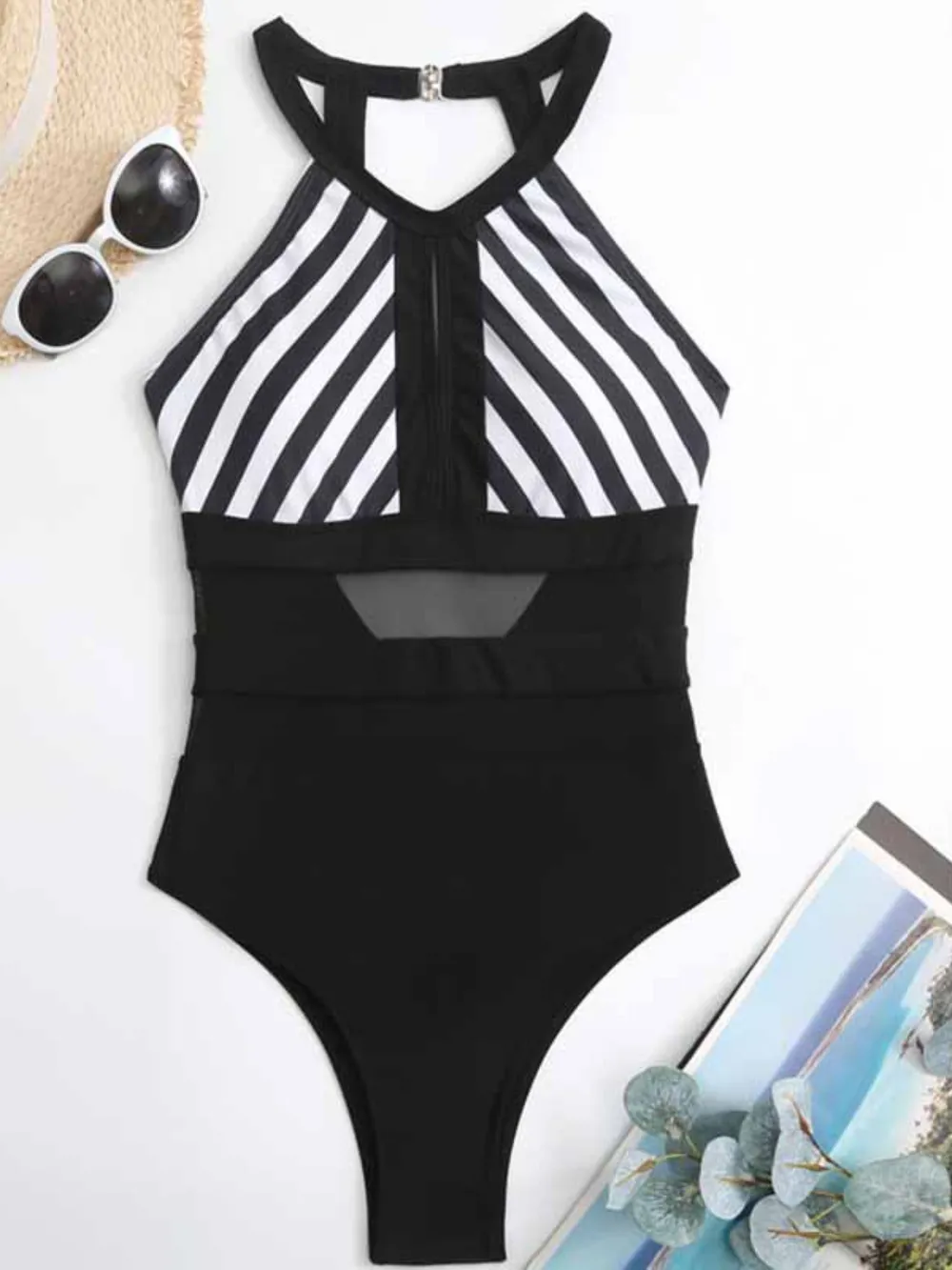 Mesh Detail Backless Striped One-Piece Swimsuit, image 2