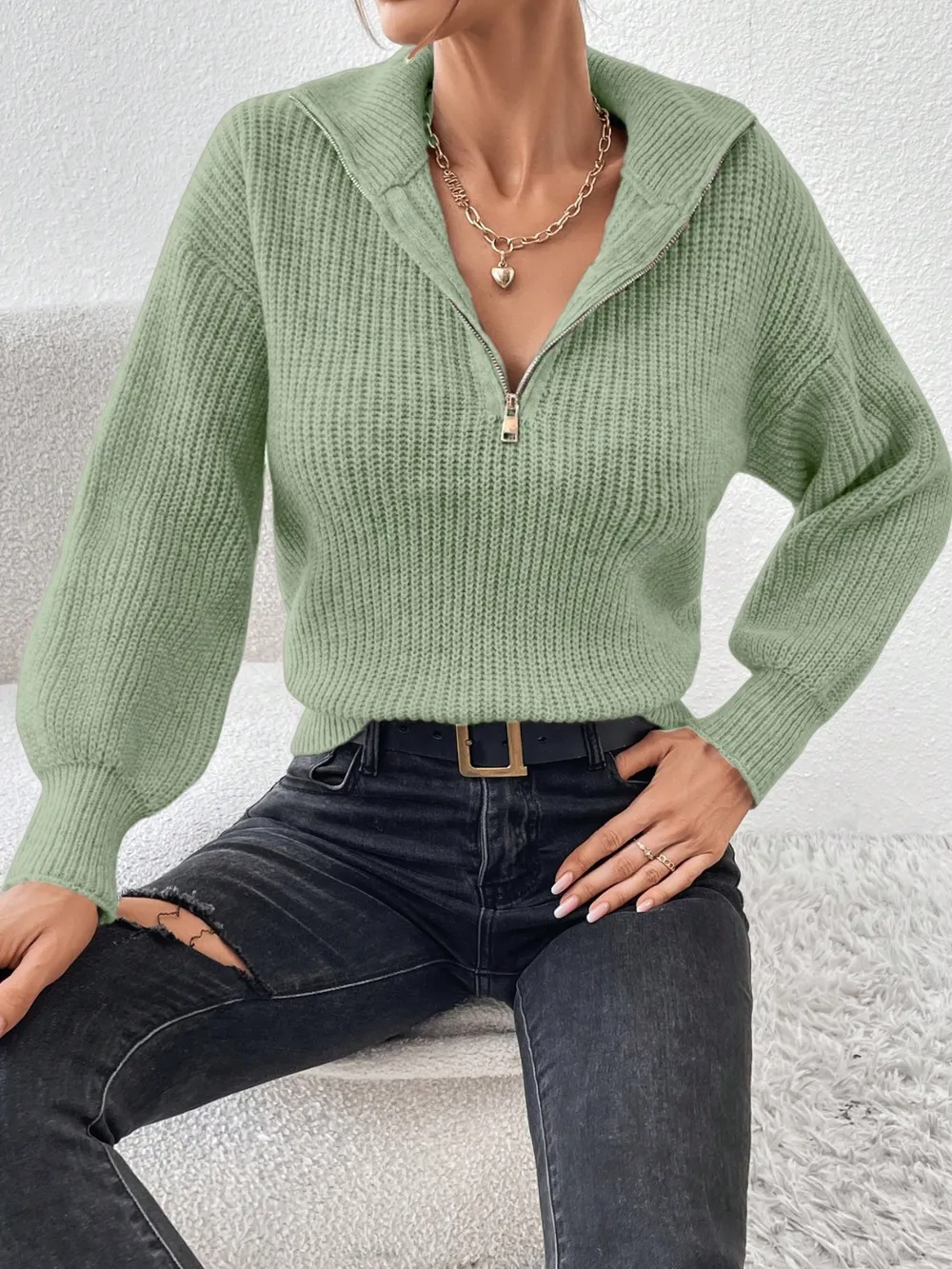 Half Zip Dropped Shoulder Sweater, image 3