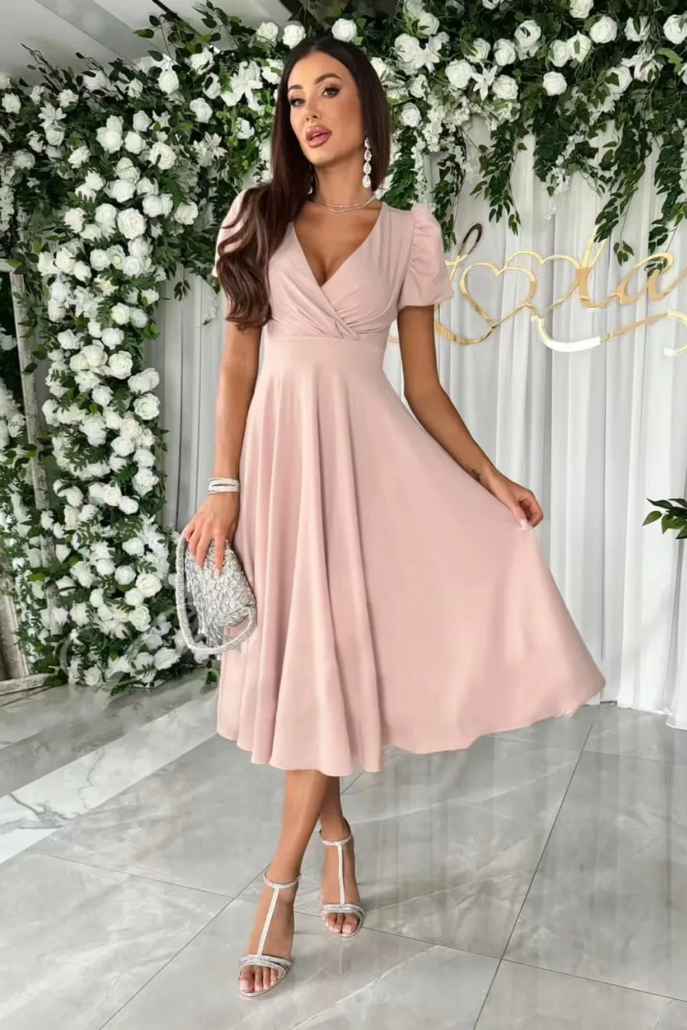 Surplice Puff Sleeve Midi Dress, image 2