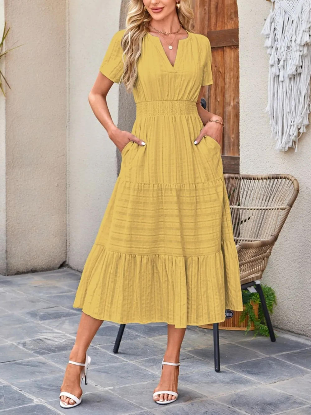 Tiered Notched Short Sleeve Dress, image 2