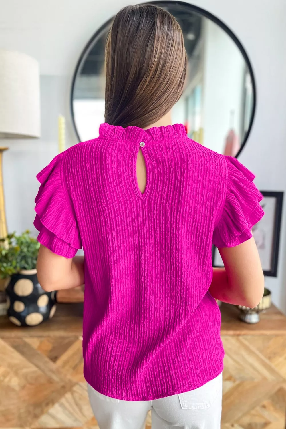 Solid Color Textured Ruffle Trim Short Sleeve Blouse, image 2