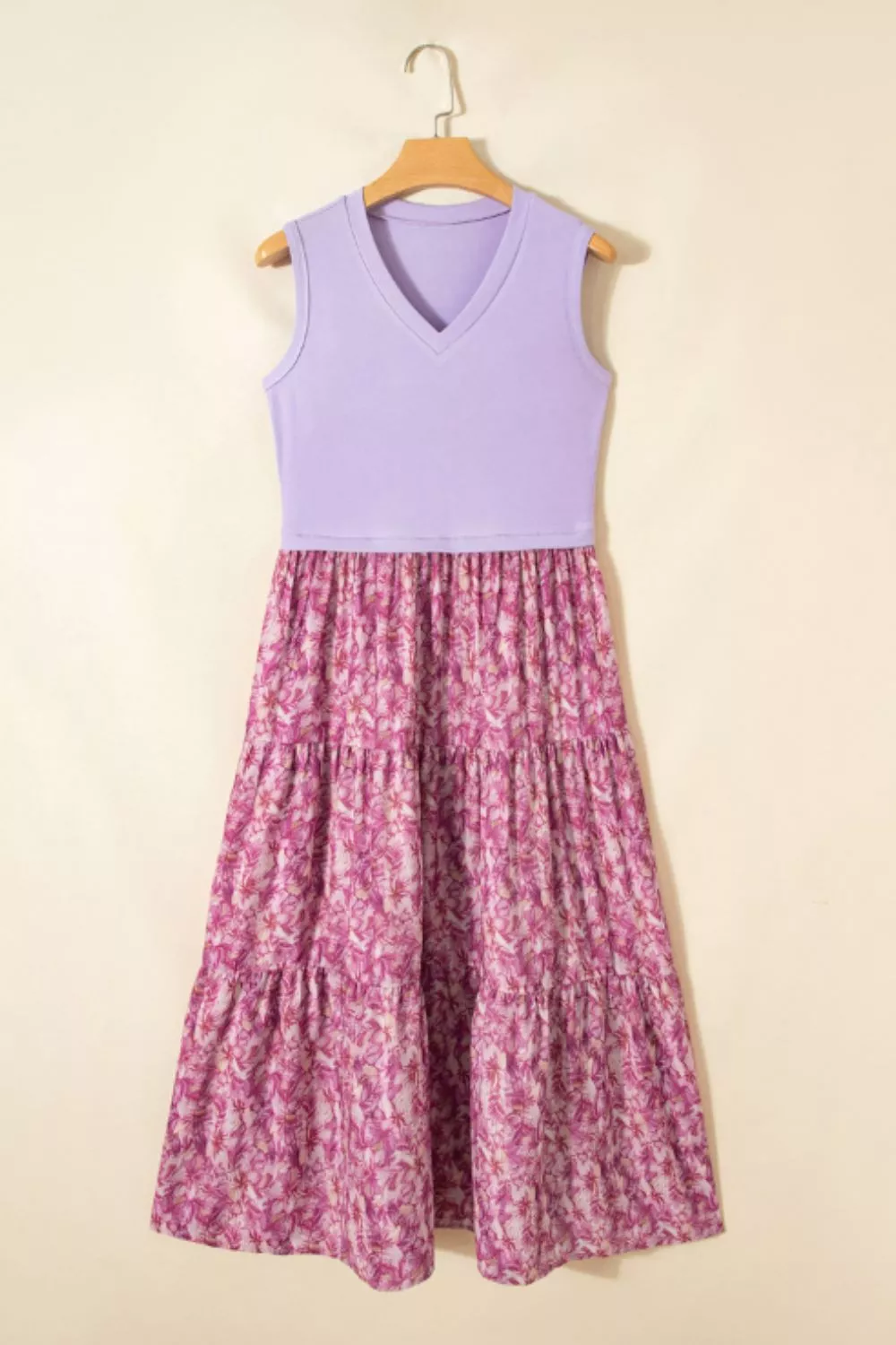 Ribbed V Neck Tank Floral Contrast Patchwork Dress, image 5