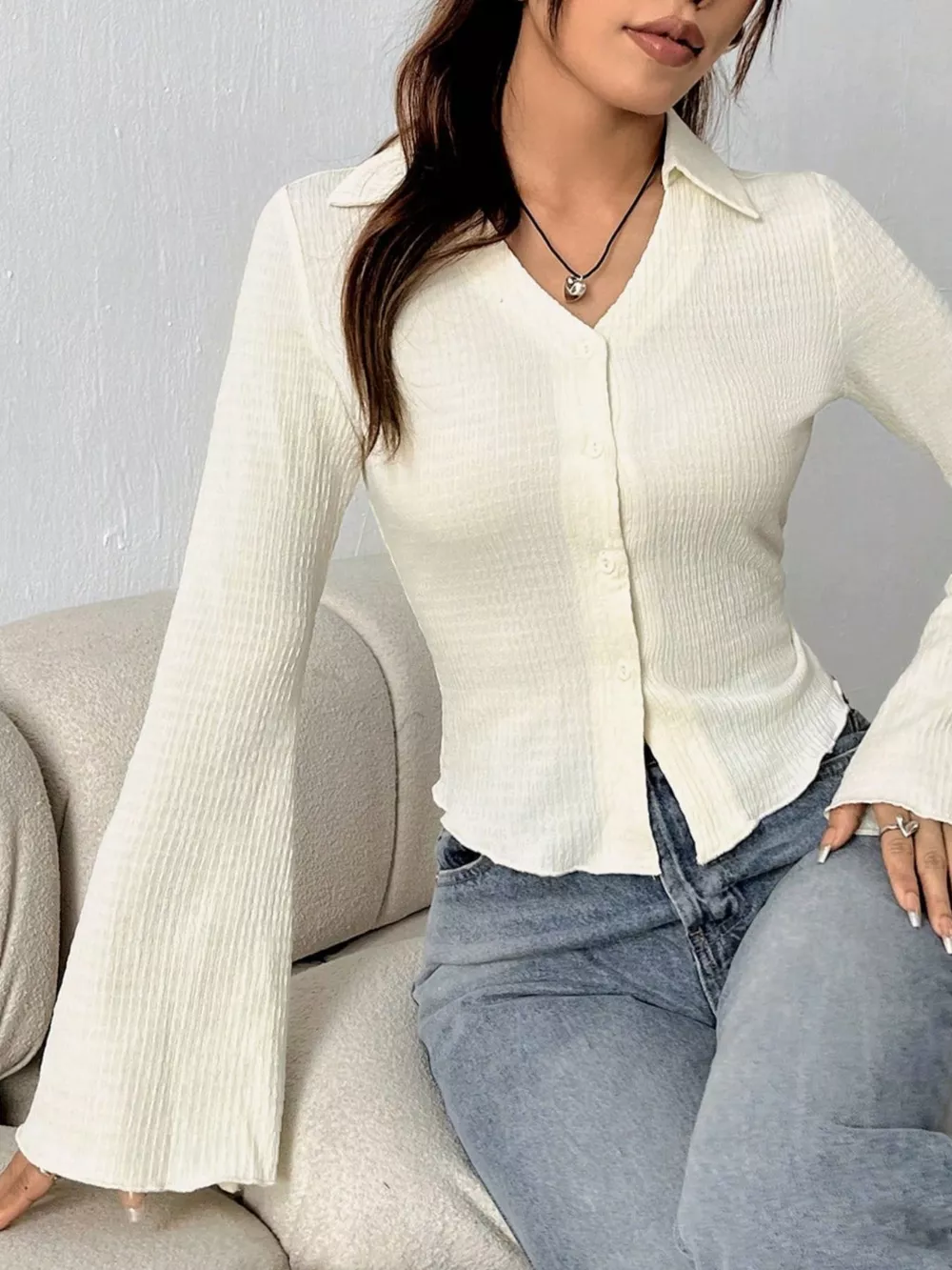Button Up Flare Sleeve Shirt, image 2