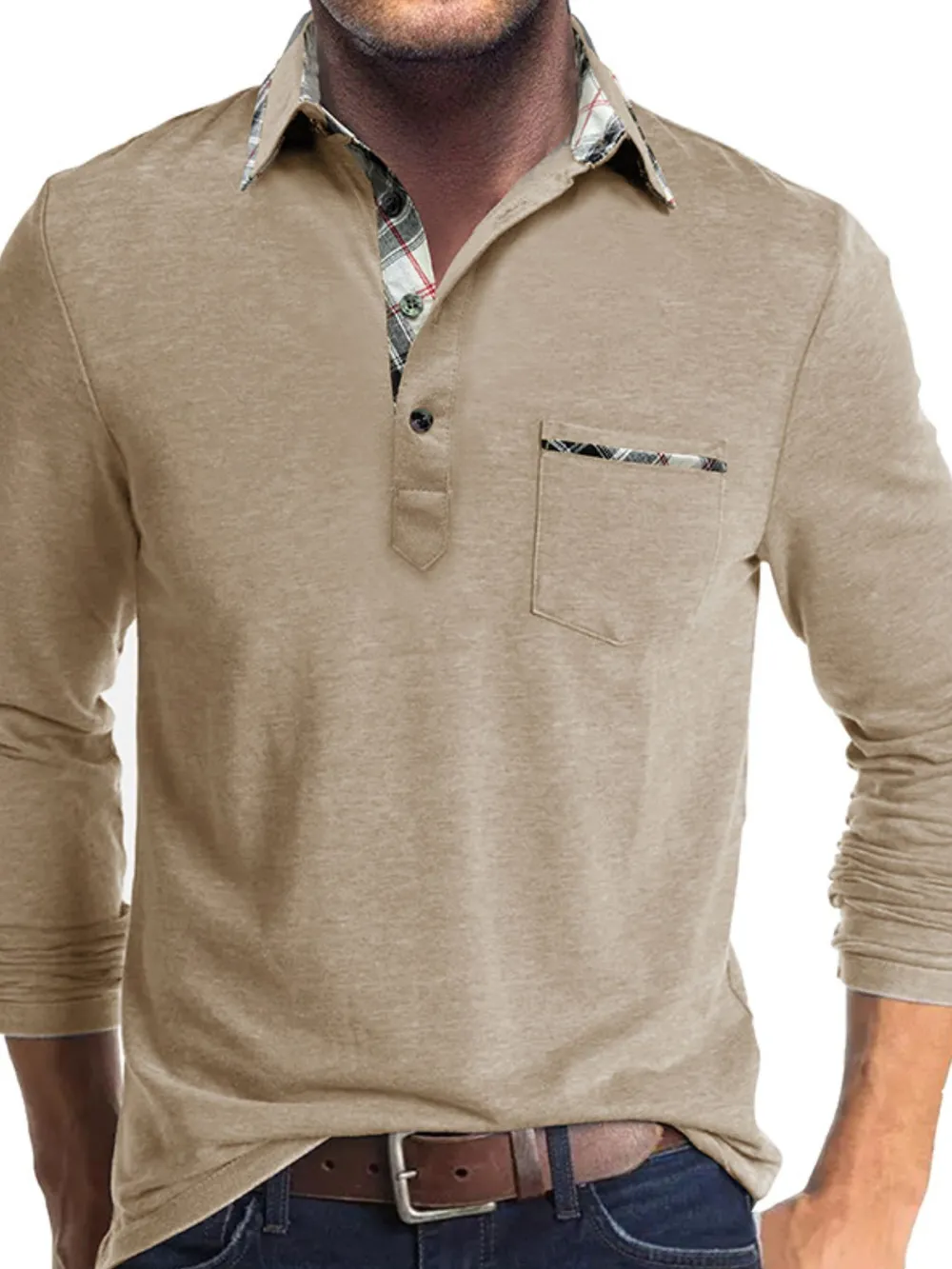 Men's Full Size Plaid Collar Neck Long Sleeve Polo Shirt Plus Size, image 14