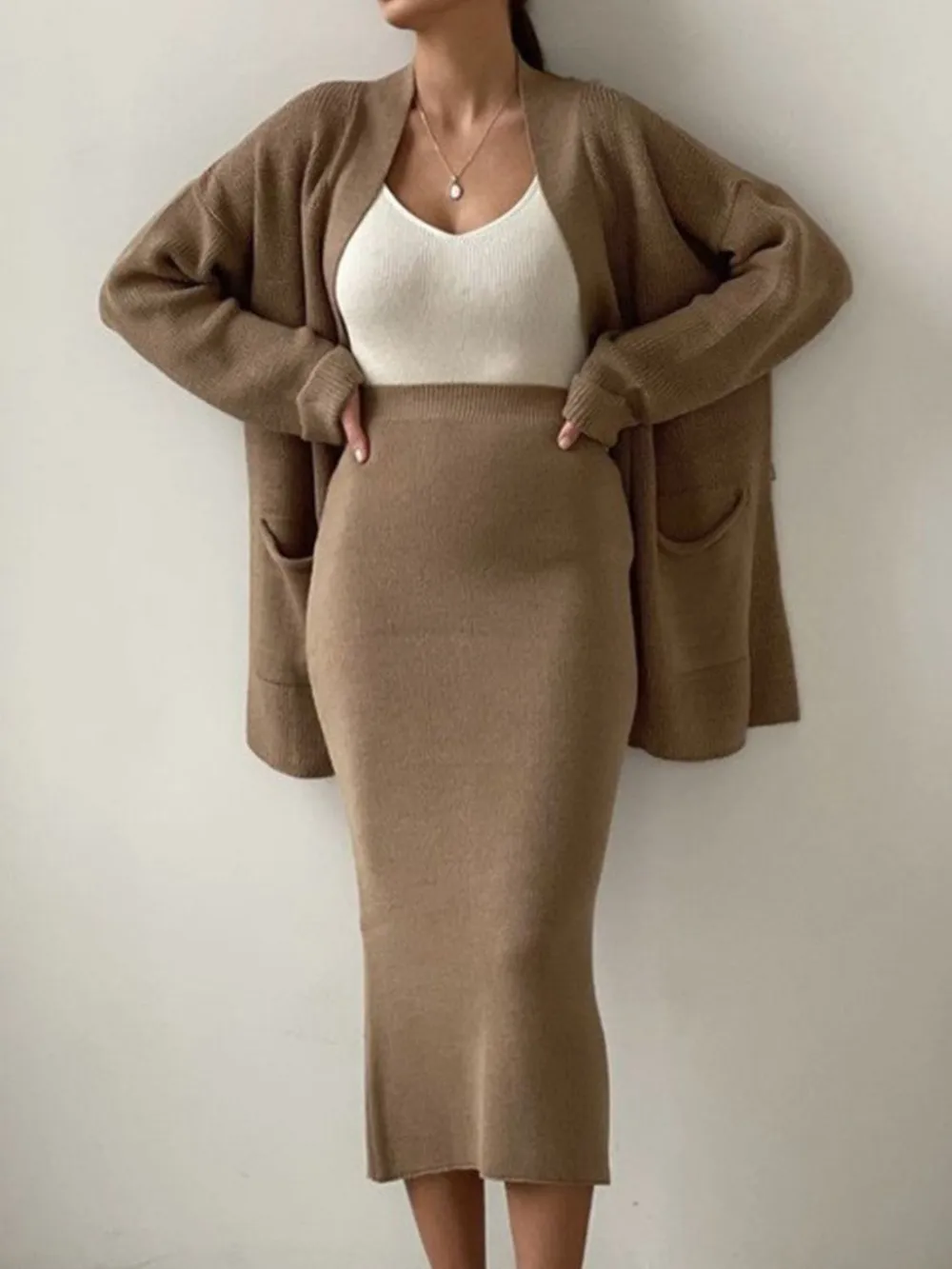 Pocketed Long Sleeve Cardigan and Skirt Sweater Set, image 8