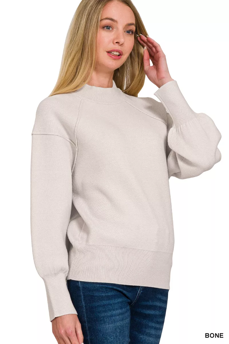 Viscose Mock Neck Exposed Seam Sweater, image 2