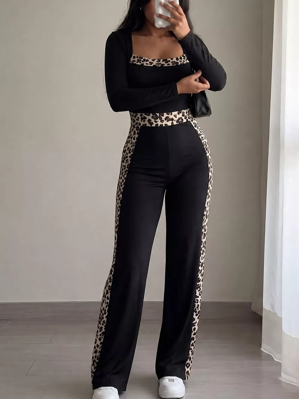 Leopard Trim Long Sleeve Jumpsuit, image 2