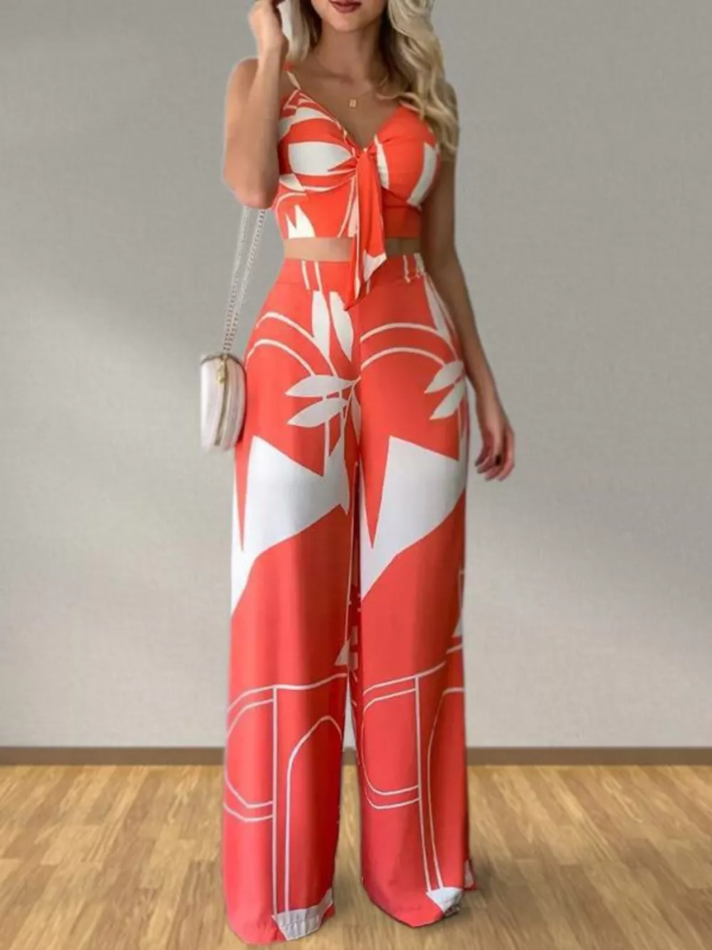 Tropical Print Spaghetti Strap Crop Top and Wide Leg Pants Set, image 7