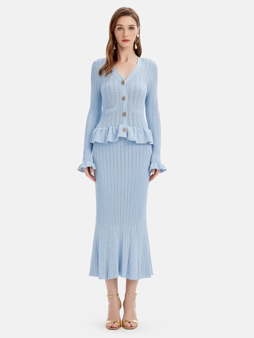 Ruffled V-Neck Top and Midi Skirt Sweater Set, image 7