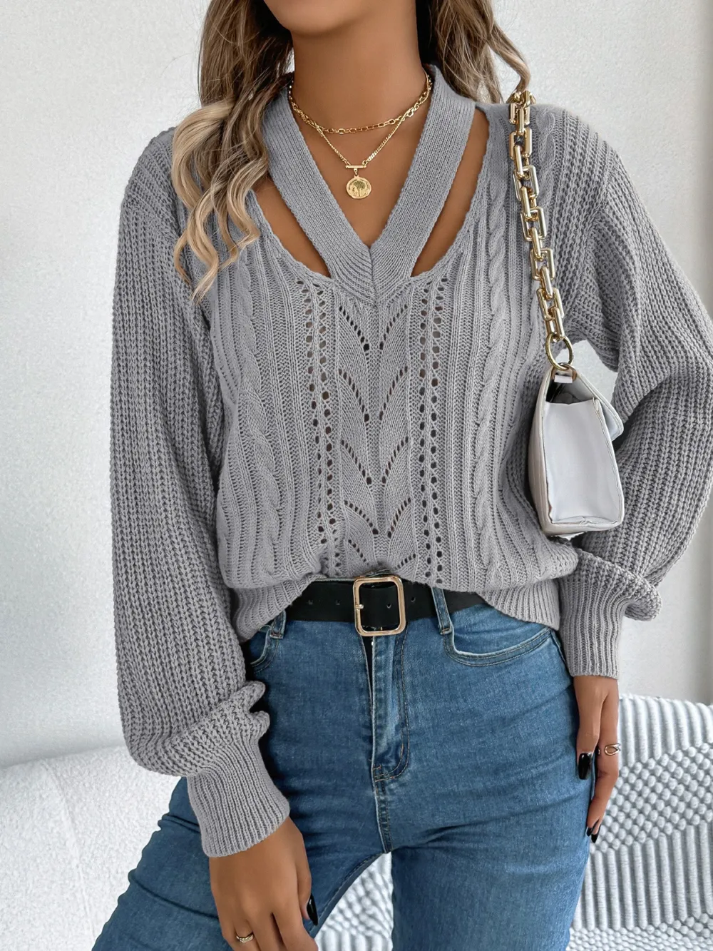 Cutout V-Neck Long Sleeve Sweater, image 11
