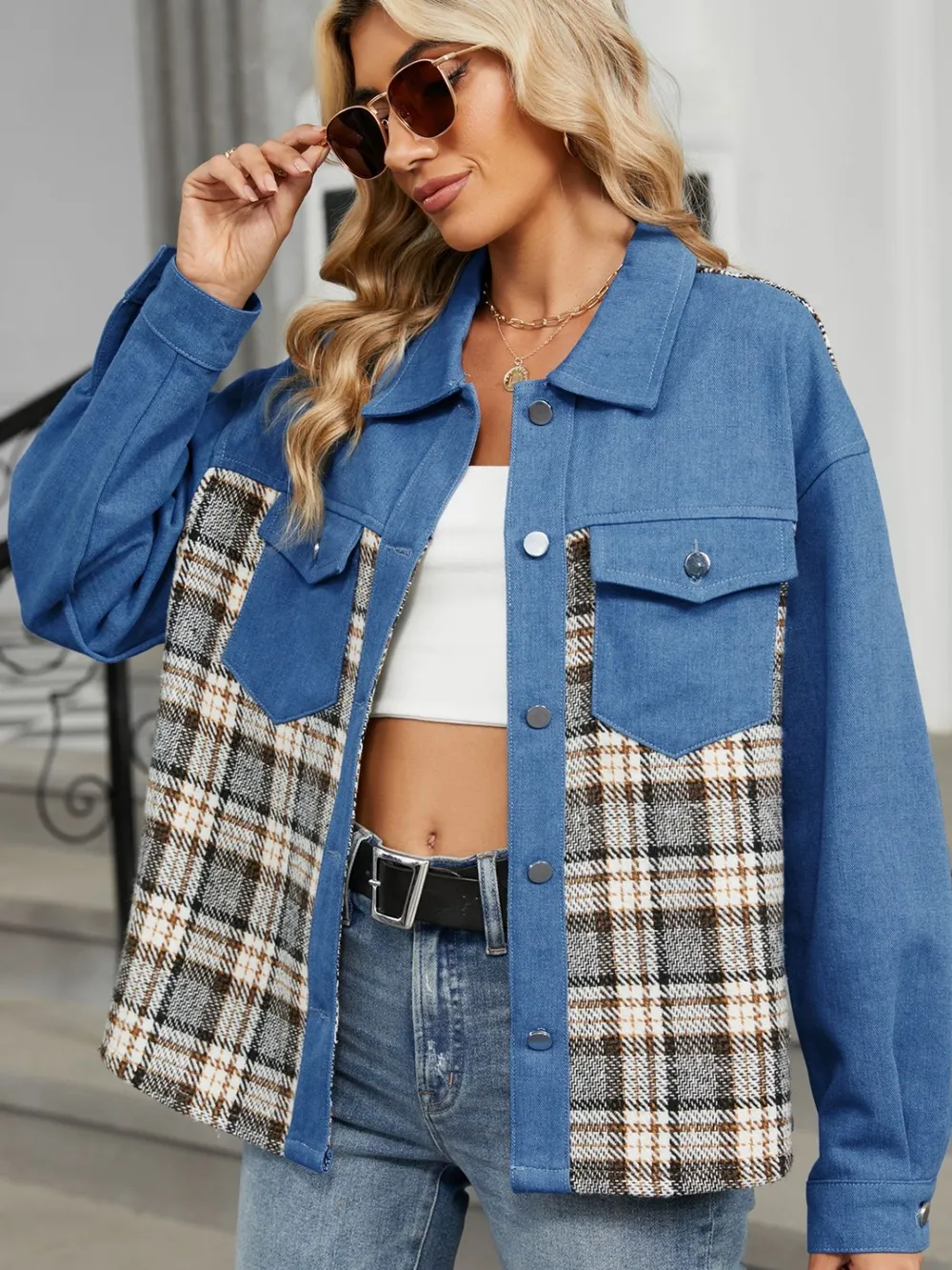 Plaid Button Up Long Sleeve Denim Jacket, image 2