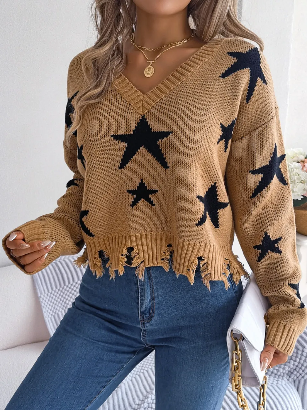 Star Pattern Distressed V-Neck Cropped Sweater, image 7