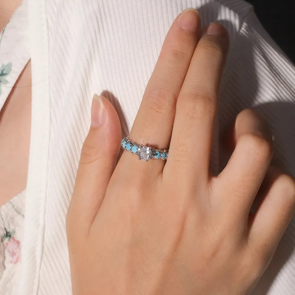 Inlaid Artificial Turquoise Zircon 925 Sterling Silver Ring, image 3