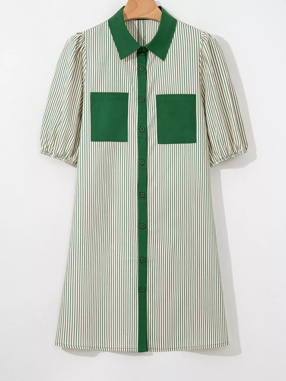 Stripe Color Block Patchwork Shirt Collar Button Down Puff Sleeve Mini Dress, image 2