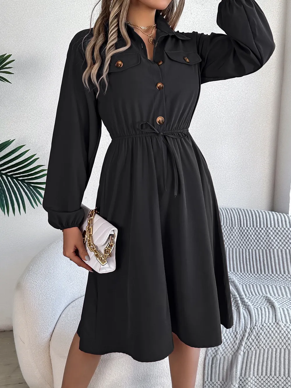 Collared Neck Long Sleeve Dress with Pockets, image 17