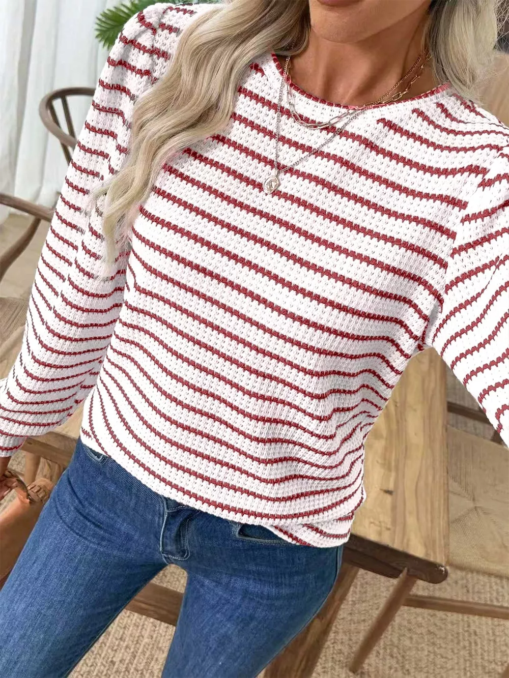Striped Long Sleeve Texture Knit T-Shirt, image 2