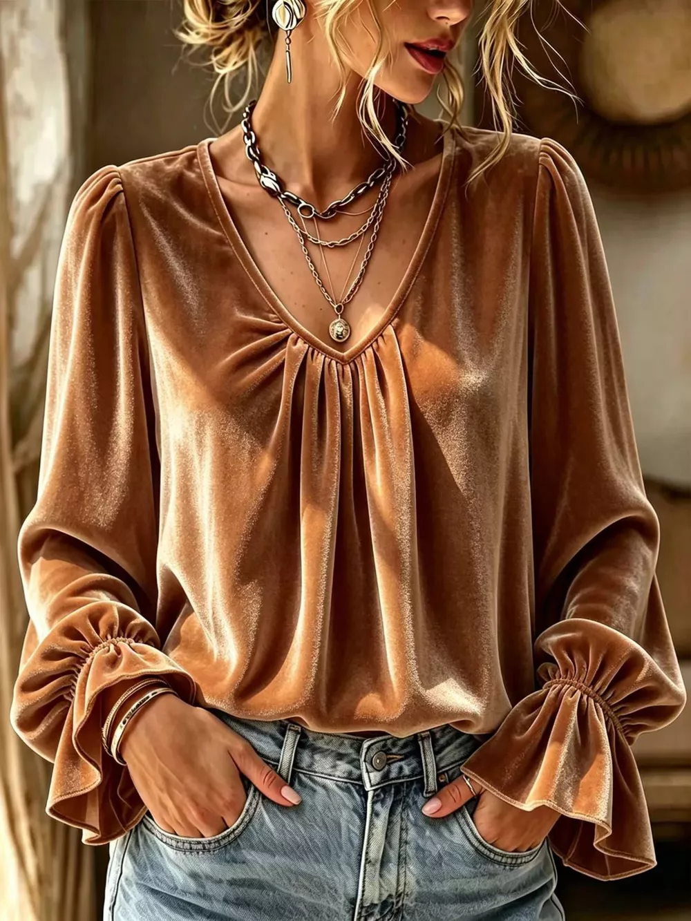 Full Size Ruched V-Neck Flounce Sleeve Blouse Plus Size, image 4