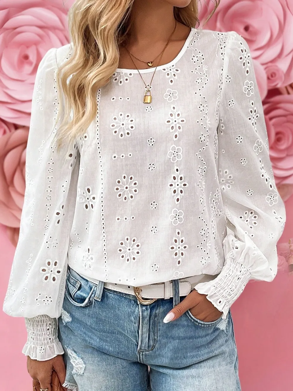 Eyelet Long Sleeve Blouse with Elastic Cuffs, image 3