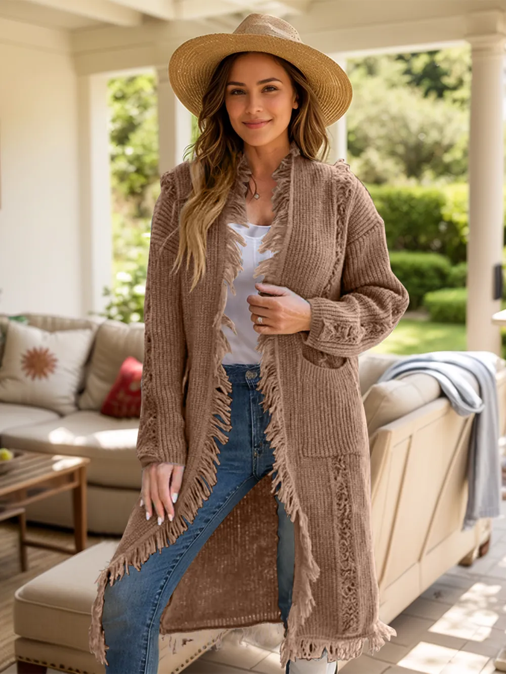 Fringe Open Front Long Sleeve Cardigan, image 7