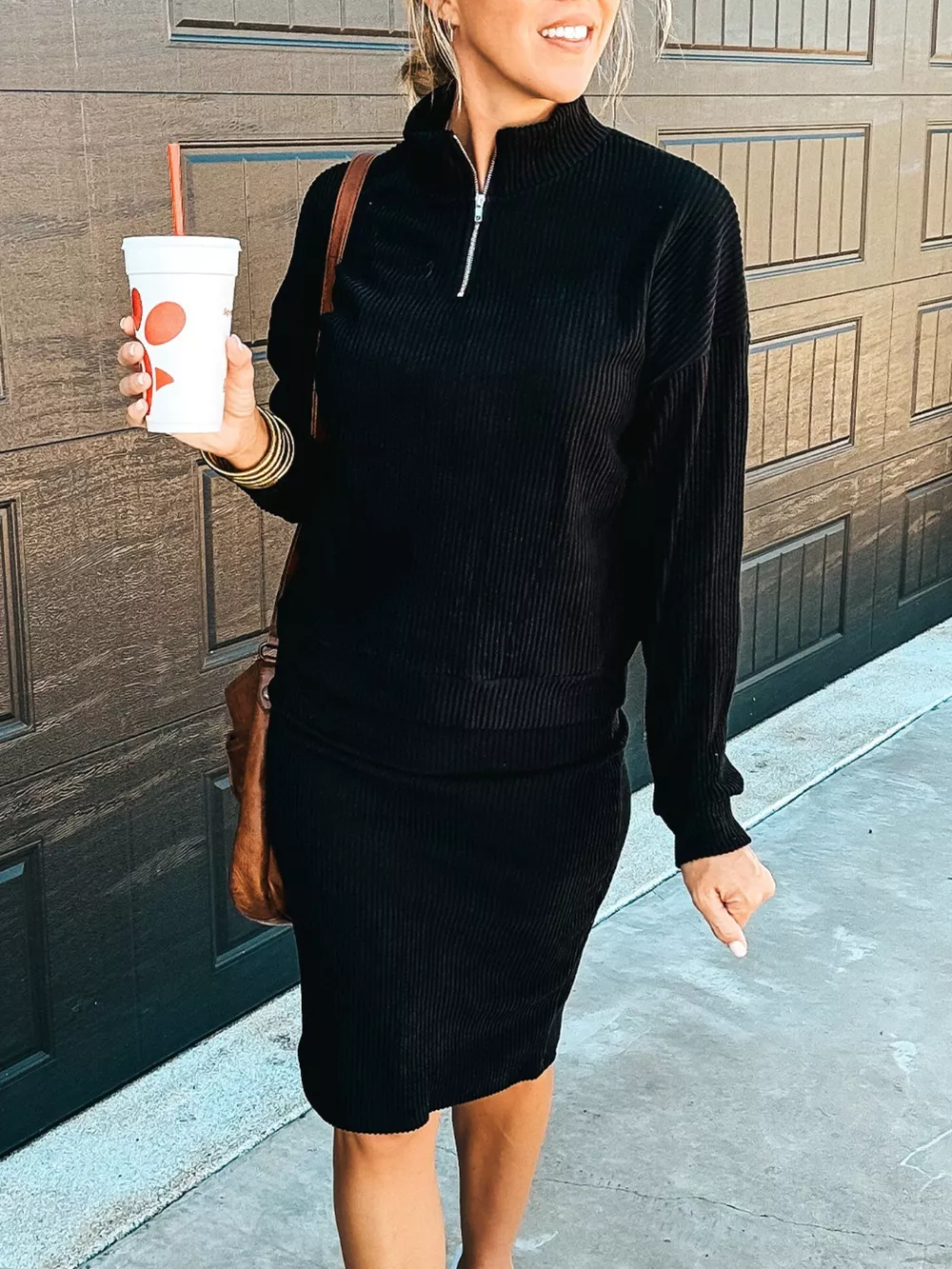 Ribbed Knit Quarter-Zip Top and Skirt Set, image 2
