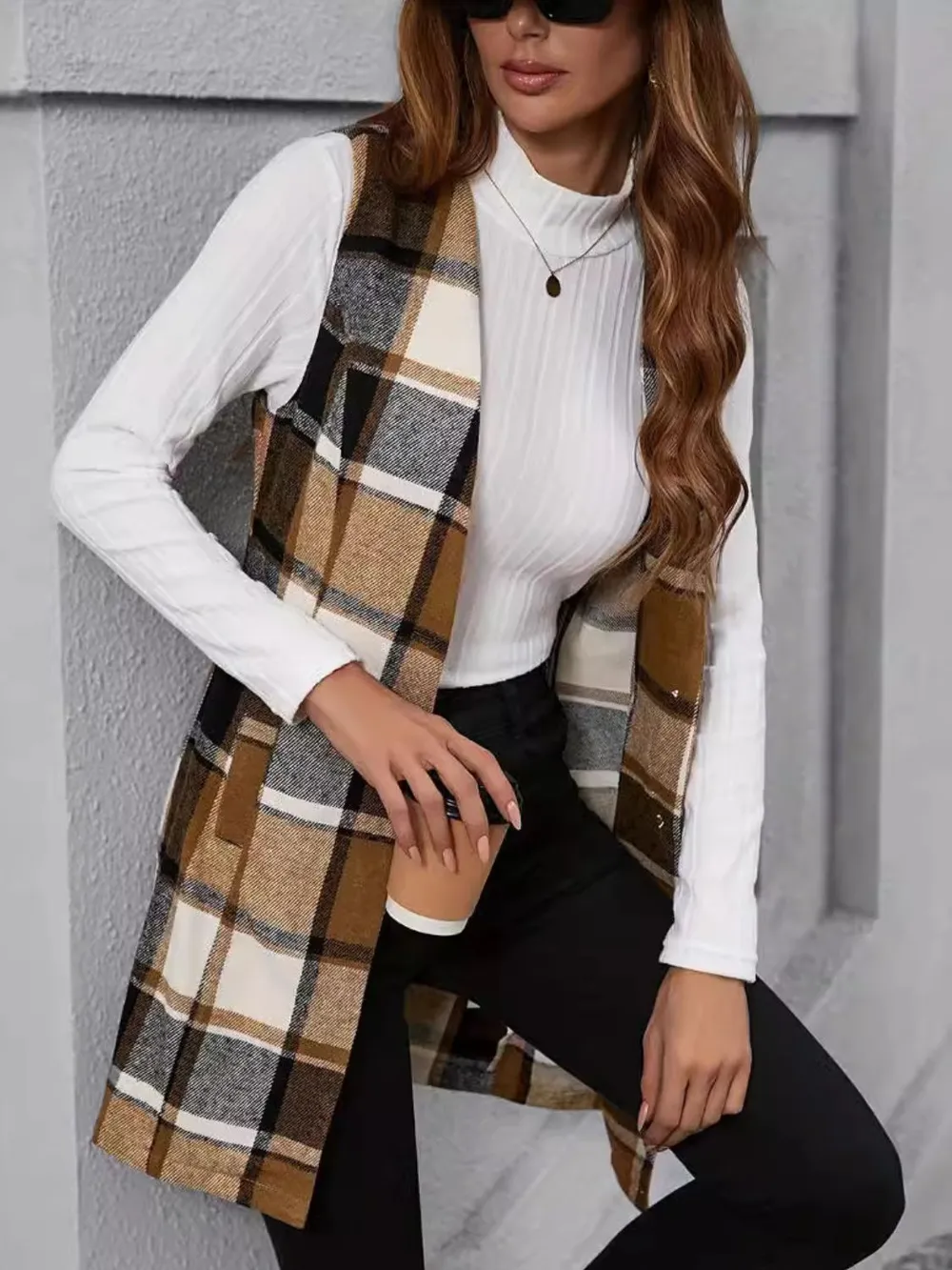 Plaid V-Neck Vest Coat, image 2