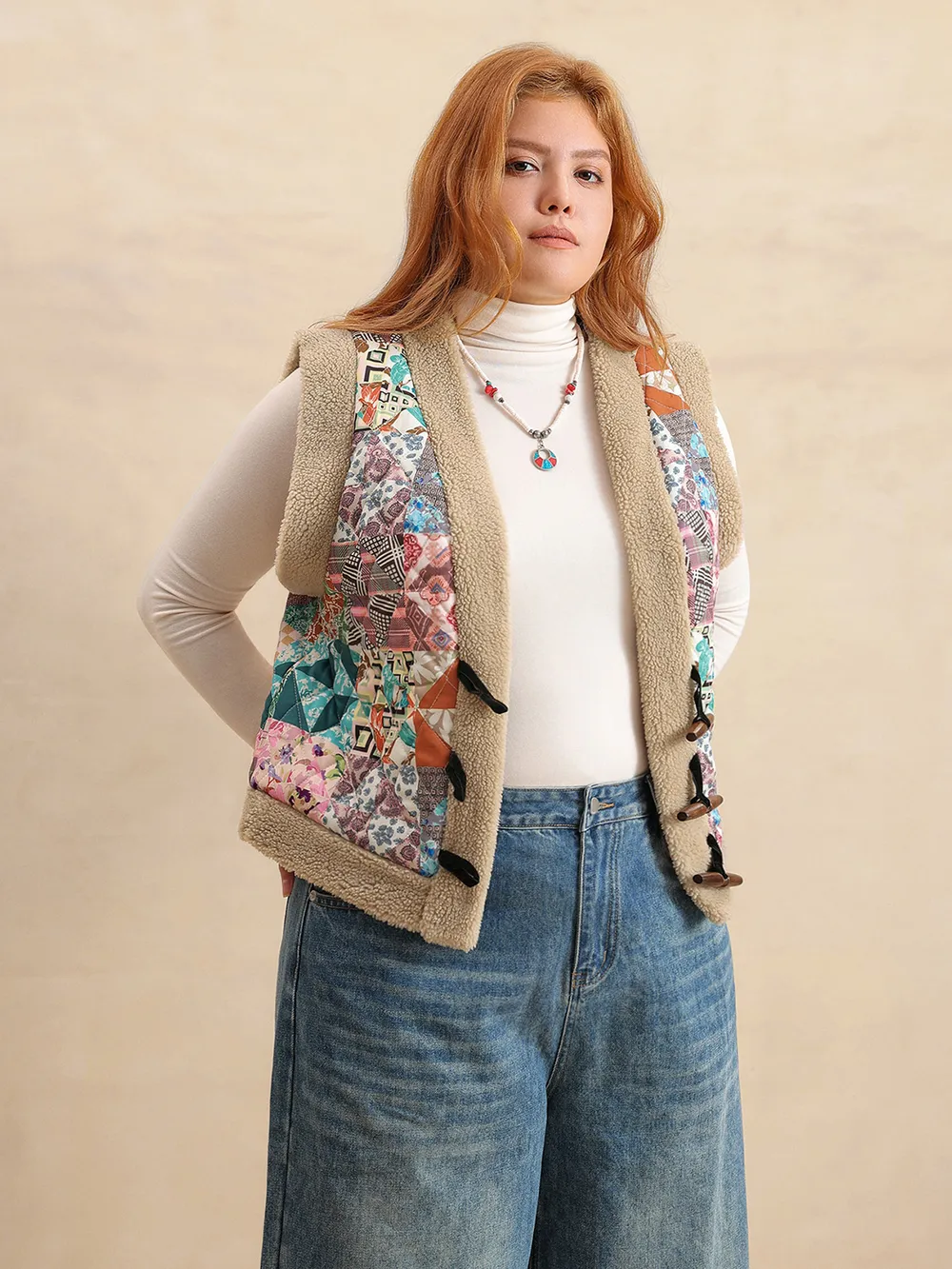 Plus Size Printed Sherpa Vest Coat, image 2