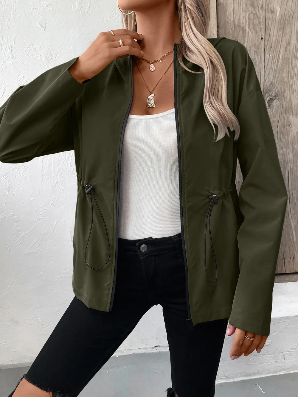 Drawstring Zip Up Hooded Jacket, image 3