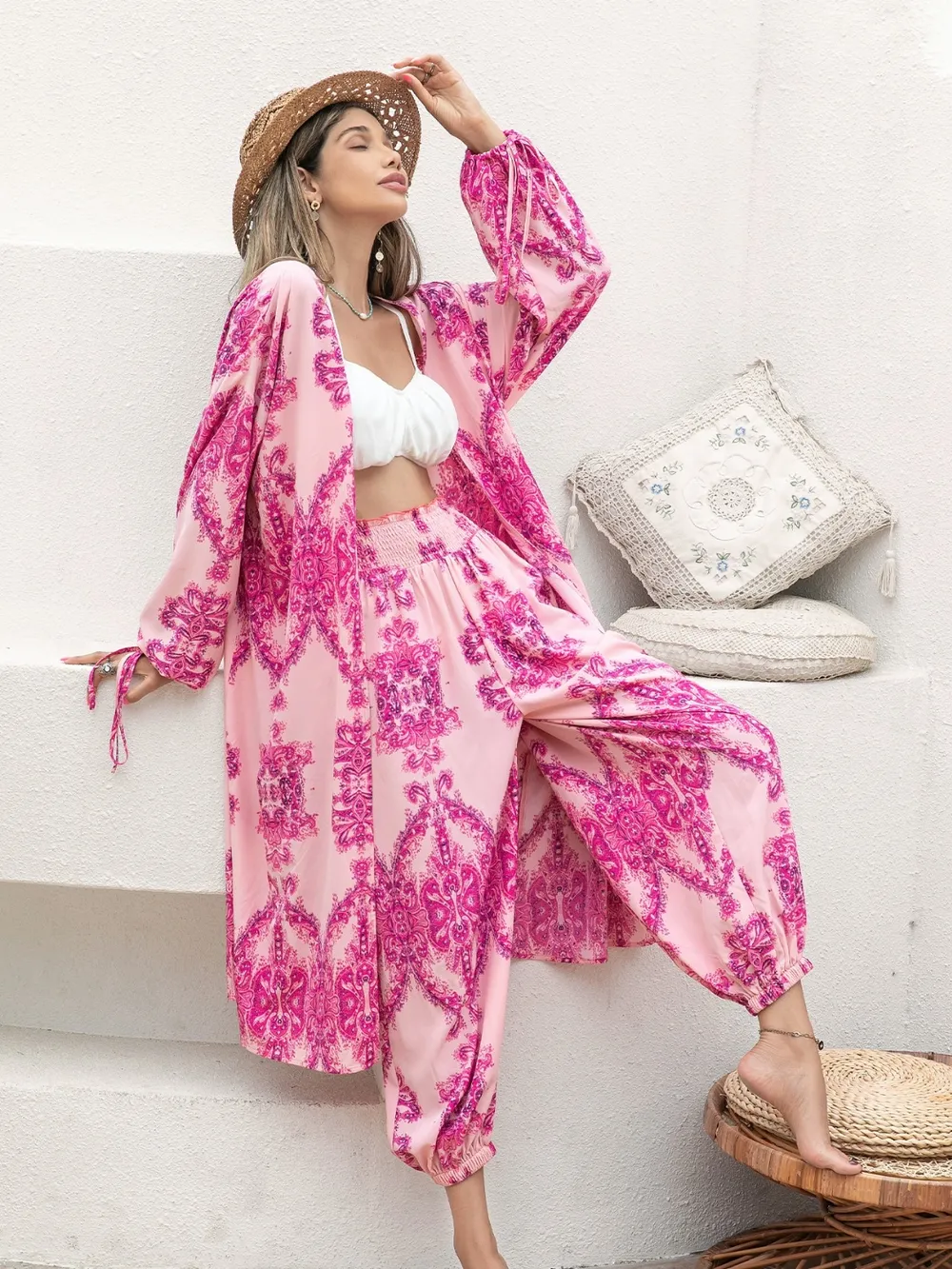 Printed Open Front Top and Pants Set, image 2