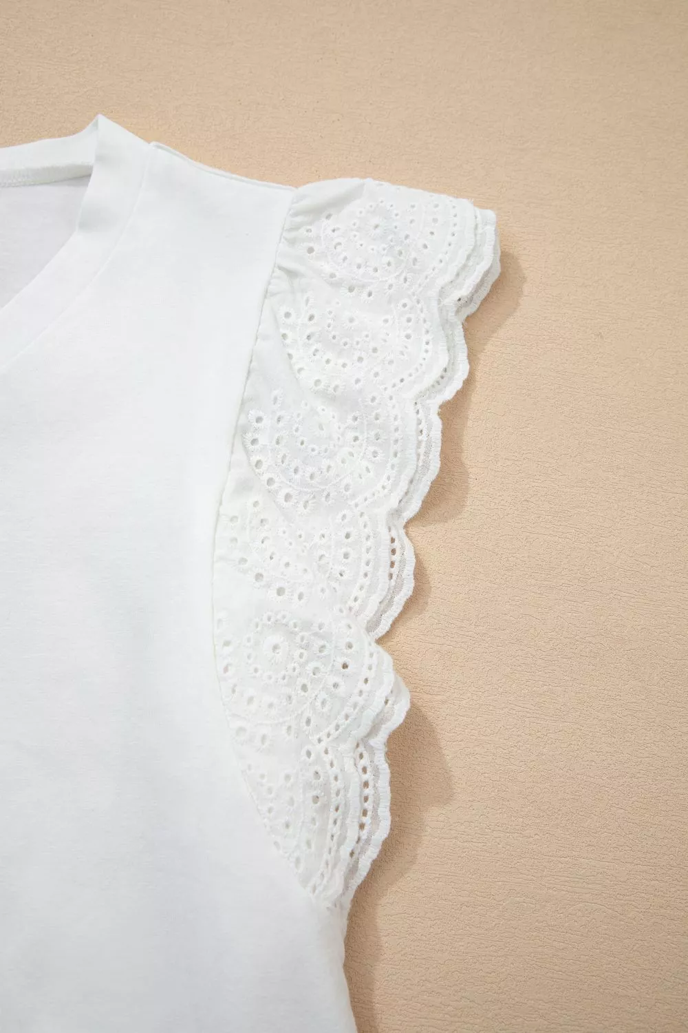 Eyelet Embroidered Flutter Sleeve Patchwork V Neck Tee, image 8
