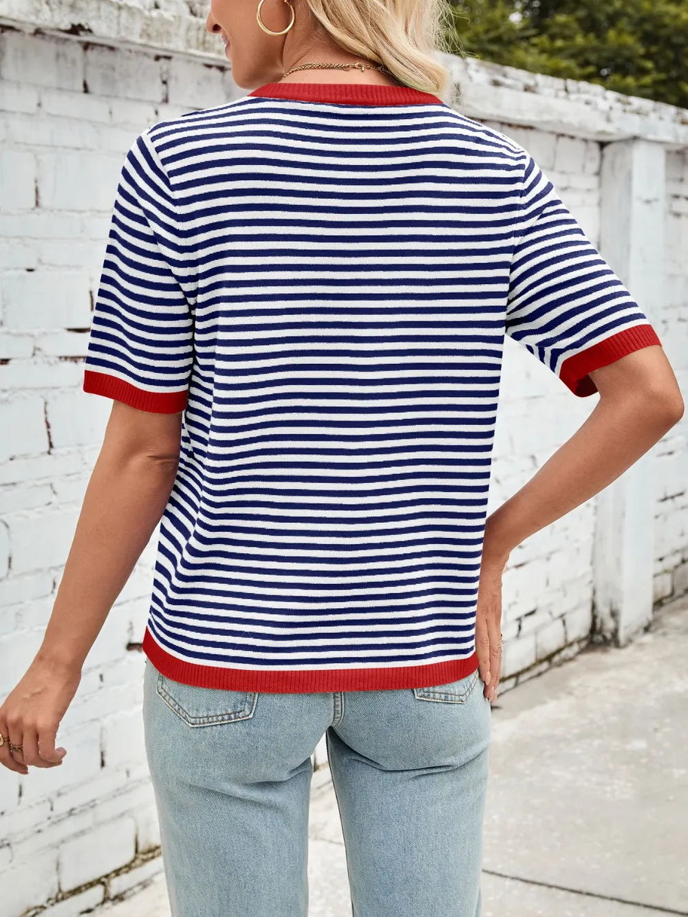 Striped Contrast Round Neck Half Sleeve Knit Top, image 3