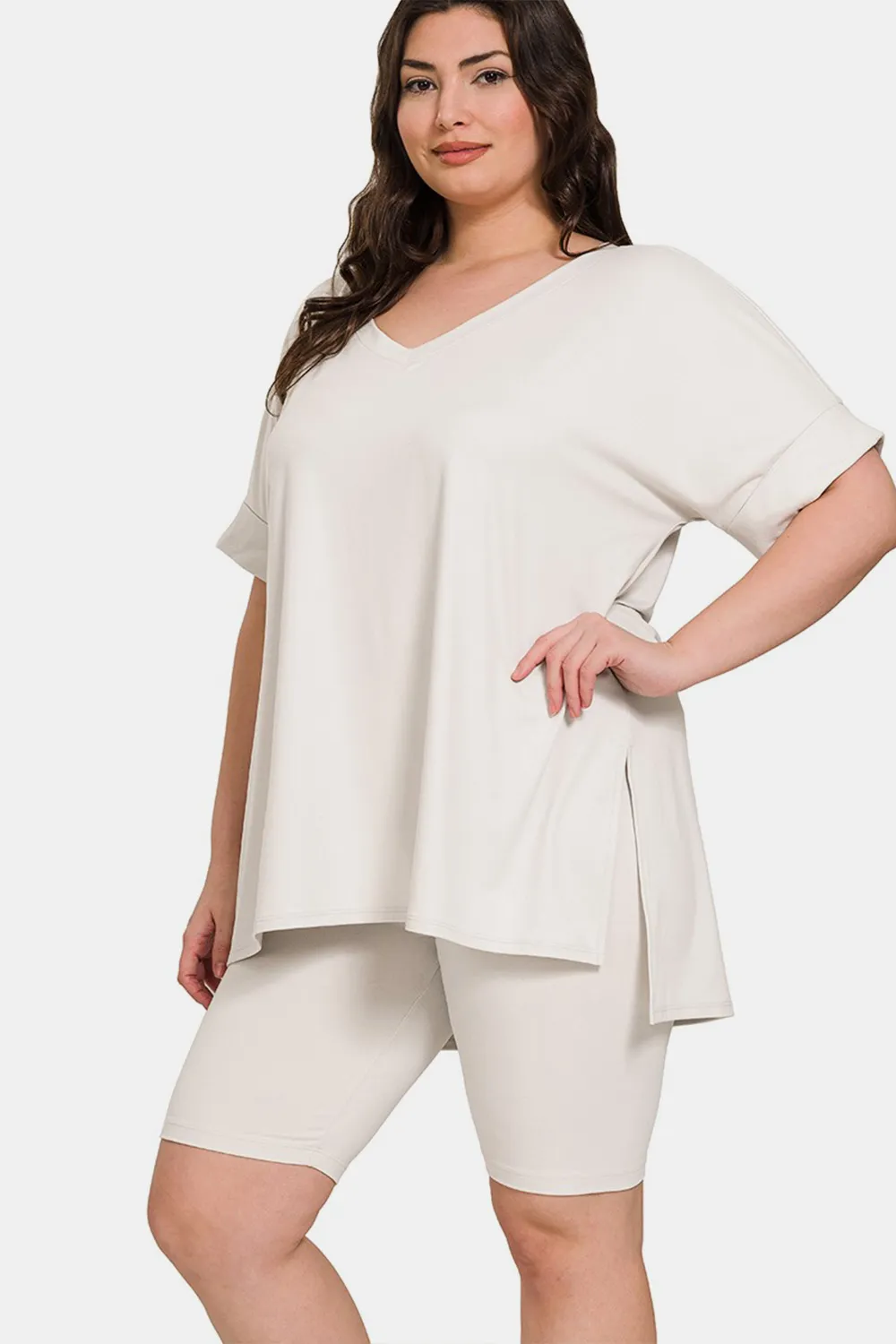 Full Size V-Neck Short Sleeve Slit T-Shirt and Shorts Set, image 2