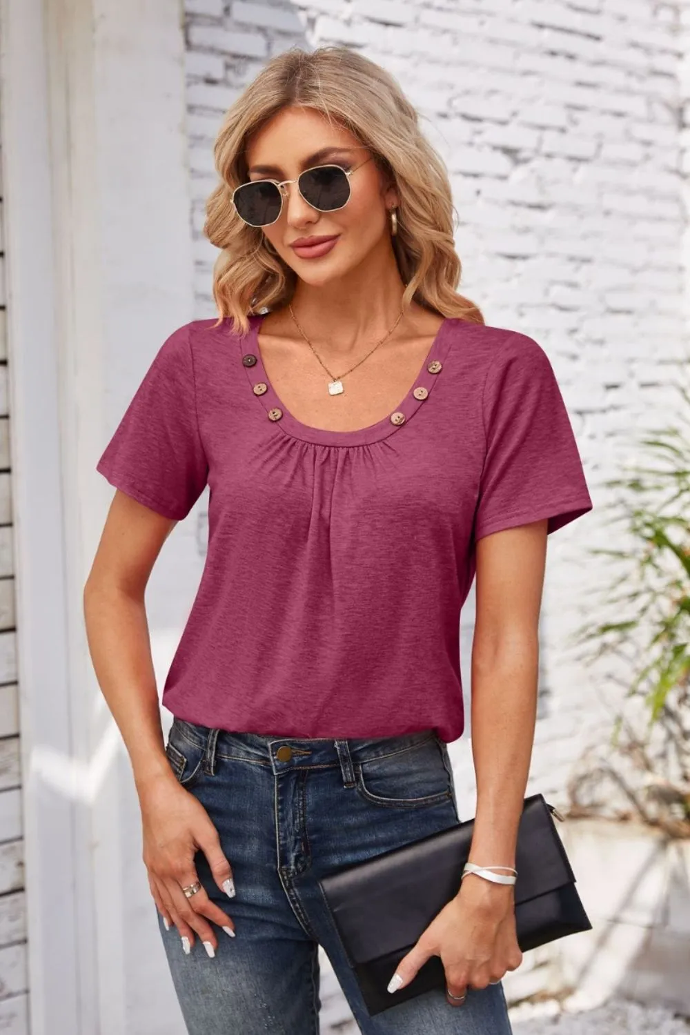 Decorative Button Scoop Neck T-Shirt, image 5
