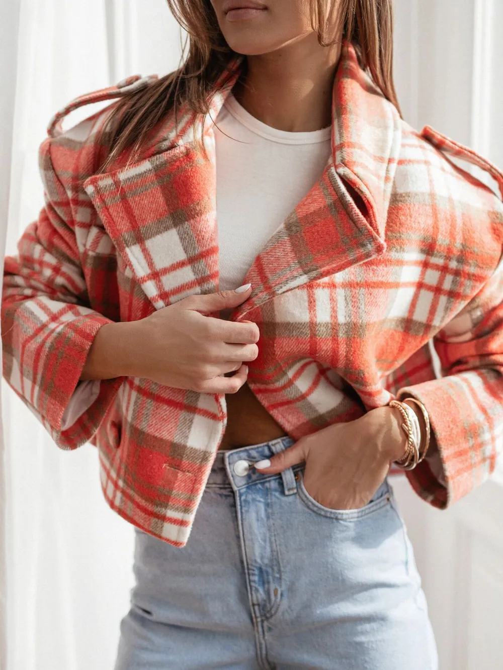 Lapel Collar Plaid Cropped Jacket, image 7